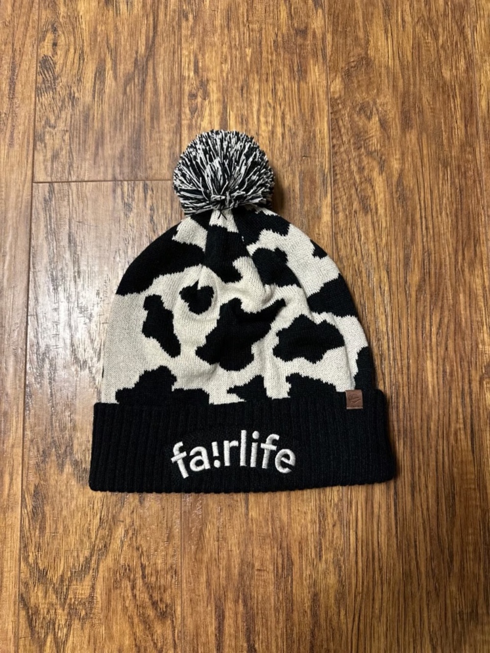 Fa!rlife Black-and-White Cow-Print Knit Beanie with Cuffed Embroidered Brim